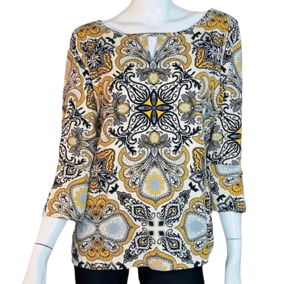 4/$24 Charter Club Mosaic Print Key Hole Yellow Black and‎ White Blouse - Picture 3 of 9
